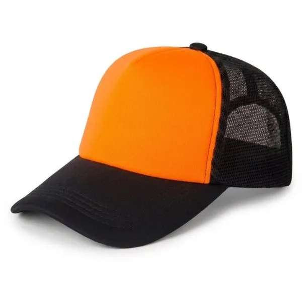 G06 Gorra Trucker Vicera y Red NEGRA Frente NARANJA FLUO