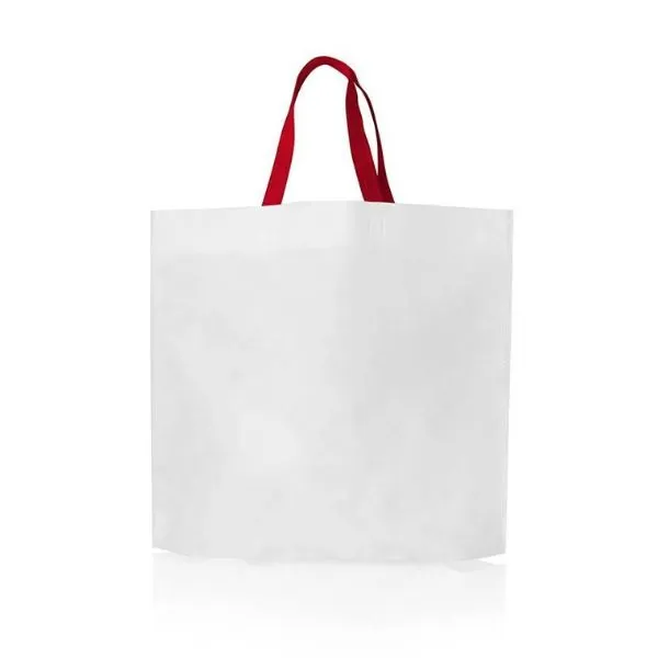 [4622] BOLSA DE FRISELINA SUBLIMABLE 70 GRS 45x40x10 BLANCA con MANIJAS ROJAS