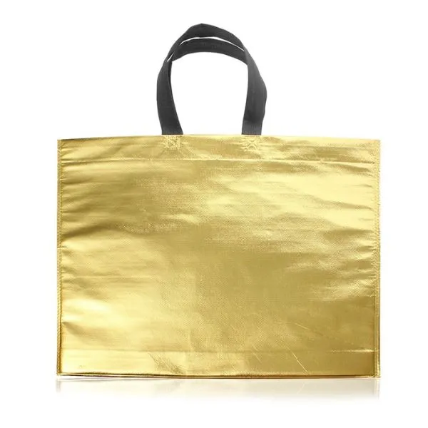 [4665] BOLSA DE FRISELINA METALIZADA NO SUBLIMABLE 45x40x10 DORADA con MANIJAS NEGRAS Para Estampar